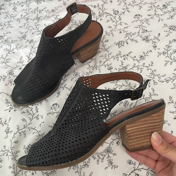 Lucky Brand Sling-back open toe Black leather mules ankle heeled sandals booties - Picture 11 of 11